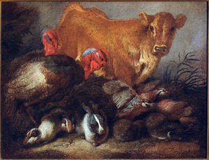 Studie von Tieren: Kuh, Truthahn, Kaninchen. Gemälde von Giovanni Benedetto Castiglione genannt Il Grechetto (1610-1665)