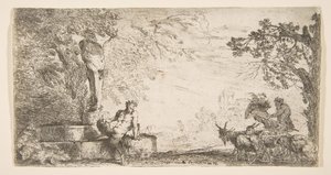 Ein Satyr, der am Fuß einer Statue des Priapus liegt, Ziegen rechts, ca. 1645-48
