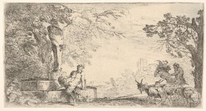 Ein Satyr ruht am Fuß einer Statue des Priapus, Ziegen rechts, ca. 1645-48