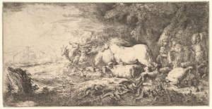 Einzug der Tiere in die Arche Noah, drei Männer folgen Vierbeinern und Vögeln, ca. 1650-55