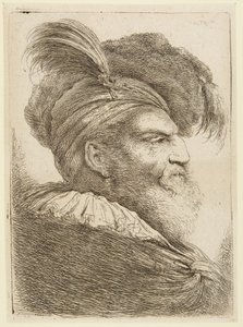 Kopf eines bärtigen Mannes mit Federhut von Giovanni Benedetto Castiglione