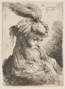 Kopf eines bärtigen Mannes mit Turban nach rechts, aus der Serie Kleine Köpfe..., ca. 1645-1650