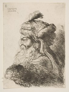 Kopf eines alten Mannes mit Turban nach links, aus der Serie der kleinen Köpfe..., ca. 1645-1650 von Giovanni Benedetto Castiglione