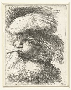 Kopf eines Jungen, der auf einer Trompete bläst (Serie: Kleine studie van hoofden met oosterse hoofddeksels) von Giovanni Benedetto Castiglione