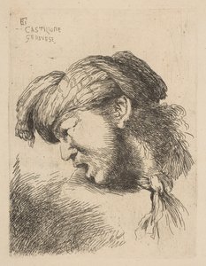 Mann mit Turban, ein um den Hals gebundener Knoten, nach links gewandt, aus der Serie..., ca. 1645-50