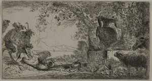 Pan ruht vor einer großen Vase von Giovanni Benedetto Castiglione
