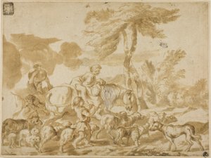 Bauernfamilie mit Schafen und Hund