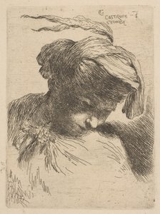 Junger Mann, der nach rechts schaut, aus der Serie Kleine Köpfe in orientalischer Kopfbedeckung, ca. 1645-50 von Giovanni Benedetto Castiglione