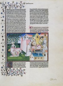 Gabriotto stirbt in Andreuolas Armen, Andreuola bringt seinen Körper nach Hause und wird verhaftet, Andreuola wird für unschuldig erklärt und wird Nonne, Miniatur aus dem Decameron, Vierter Tag, Sechste Geschichte