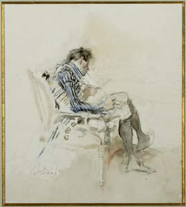Herr, der in einem Sessel sitzt, ein Buch liest und eine Pfeife raucht von Giovanni Boldini