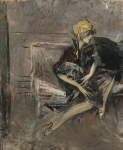 Dame mit gelbem Hut und ihrem Hund Marchesa Casati von Giovanni Boldini