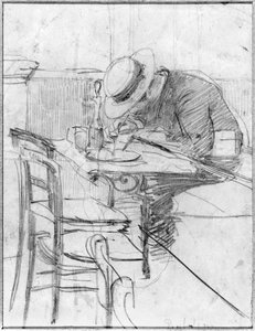 Paul Cesar Helleu an einem Tisch in einem Café