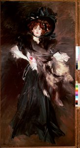 Porträt von Mademoiselle Lantelme, junge Frau in schwarzer Mode der Belle Époque