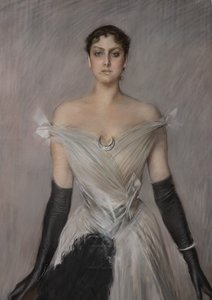 Porträt einer Dame in Weiß mit Handschuhen und Fächer, Detail von Giovanni Boldini