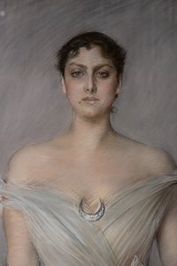Porträt einer Dame in Weiß mit Handschuhen und Fächer (Detail)