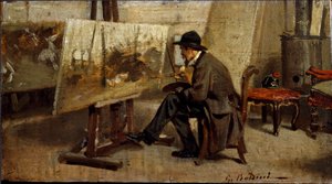 Der Maler Giovanni Fattori in seinem Atelier. Gemälde zugeschrieben Giovanni Boldini (1842-1931) 1863-1869 von Giovanni Boldini