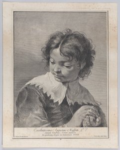 Junge mit Spitzenkragen, der ein Stück Obst in den Händen hält, 1743 von Giovanni Cattini