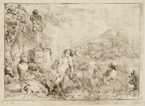 Landschaft mit einer Satyrfamilie und klassischer Skulptur von Giovanni David after Giovanni Benedetto Castiglione