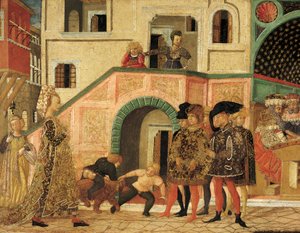 Geschichten von Susanne, um 1450, Vorderseite einer bemalten Truhe, Detail