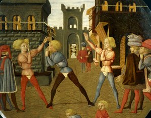Spiel namens Civettino, Detail von der Vorderseite eines Geburtsbretts, ca. 1450