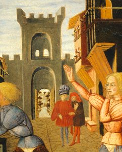 Spiel namens Civettino, Detail der rechten Seite eines Geburtsbretts (rundes Gemälde), um 1450 von Giovanni Di Ser Giovanni Lo Scheggia Guidi