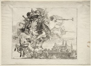 Flucht nach Ägypten: Widmung mit geflügelter Figur des Ruhms, die die Waffen des Fürstbischofs von Würzburg trägt von Giovanni Domenico Tiepolo