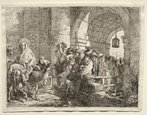 Flucht nach Ägypten: Die Heilige Familie unter einem Bogen hindurchgehend von Giovanni Domenico Tiepolo