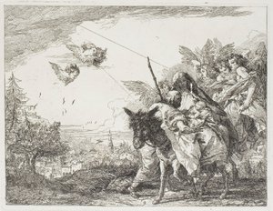 Joseph, der das Kind anbetet, das in Marias Armen gehalten wird, Platte neun aus Die Flucht nach Ägypten von Giovanni Domenico Tiepolo