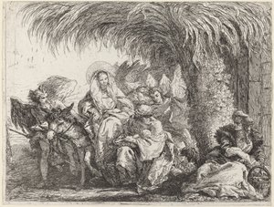 Joseph kniet mit dem Kind vor Maria auf dem Esel von Giovanni Domenico Tiepolo
