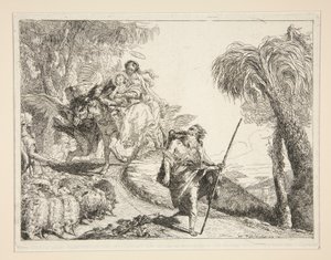 Joseph mit der Jungfrau und dem Kind, aus der Serie Idee pittoresche sopra la fuga in Egitto (Flucht nach Ägypten) von Giovanni Domenico Tiepolo