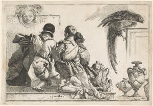 Kniende Pagen, eine Maske und ein Papagei von Giovanni Domenico Tiepolo