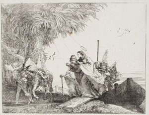 Maria, von Joseph und einem Engel unterstützt, steigt aus dem Boot, Platte achtzehn aus Die Flucht nach Ägypten von Giovanni Domenico Tiepolo