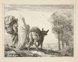 Maria hält ihr Kind in den Armen, aus der Serie Idee pittoresche sopra la fuga in Egitto von Giovanni Domenico Tiepolo