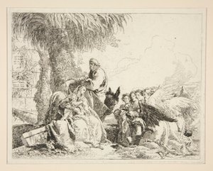 Ruhe während der Flucht nach Ägypten, aus der Serie Idee pittoresche sopra la fuga in Egitto (Flucht nach Ägypten) von Giovanni Domenico Tiepolo