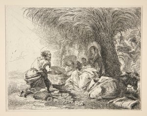 Der heilige Josef, der das Jesuskind anbetet, aus der Serie Idee pittoresche sopra la fuga in Egitto (Flucht nach Ägypten) von Giovanni Domenico Tiepolo