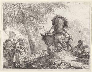 Die Flucht, Joseph rechts und Maria und Engel links