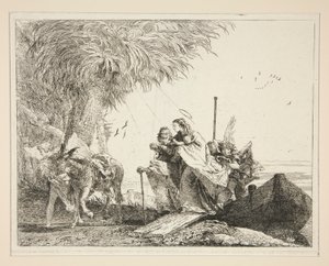 Die Heilige Familie geht an Land, aus der Serie Idee pittoresche sopra la fuga in Egitto (Flucht nach Ägypten) von Giovanni Domenico Tiepolo