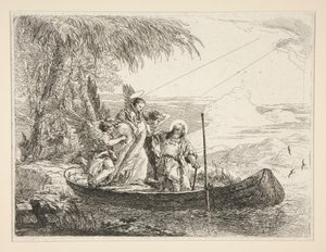 Die Heilige Familie besteigt ein Boot, aus der Serie Idee pittoresche sopra la fuga in Egitto von Giovanni Domenico Tiepolo
