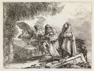 Die Heilige Familie von einem Engel begleitet (Die Flucht nach Ägypten XII) von Giovanni Domenico Tiepolo