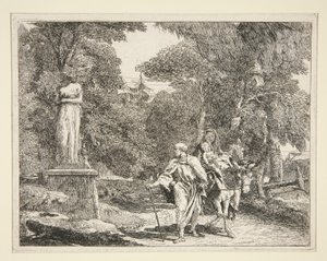 Die Heilige Familie passiert eine Statue, aus der Serie Idee pittoresche sopra la fuga in Egitto (Flucht nach Ägypten)