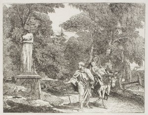 Die Heilige Familie passiert eine Statue, deren Kopf zu Boden fällt, Platte 22 aus Die Flucht nach Ägypten von Giovanni Domenico Tiepolo