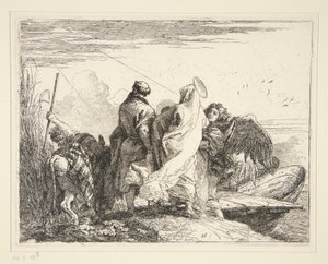 Die Heilige Familie an einem Fluss, aus der Serie Idee pittoresche sulla fuga in Egitto (Flucht nach Ägypten) von Giovanni Domenico Tiepolo