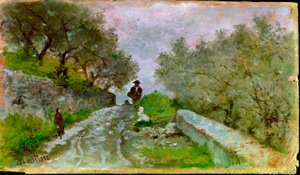 Weg zu den Oliven mit Spaziergängern. Gemälde von Giovanni Fattori (1825-1908) von Giovanni Fattori
