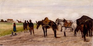 Wagen und Bauern in der römischen Landschaft, von Giovanni Fattori