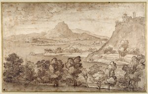 Landschaft mit einer Hügelstadt und einem entfernten Berg