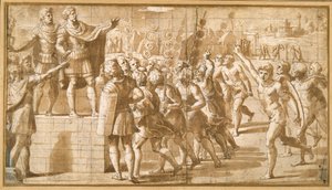 Der Kaiser Konstantin, der seine Truppen anspricht, erschreckt durch die Vision des Kreuzes am Himmel von Giovanni Francesco (c.1488 1528) Penni