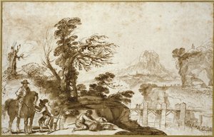 Landschaft mit einem Reiter und einer Brücke