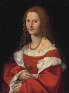 Porträt einer Dame als Maria Magdalena, halblang, in einem roten Kleid und mit Perlenkette