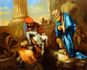 Tobit begräbt die Toten trotz der Befehle von Sanherib von Giovanni Francesco Castiglione