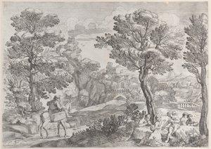 Eine Gruppe von Menschen spielt Karten rechts und ein Mann zu Pferd links, 1626-80